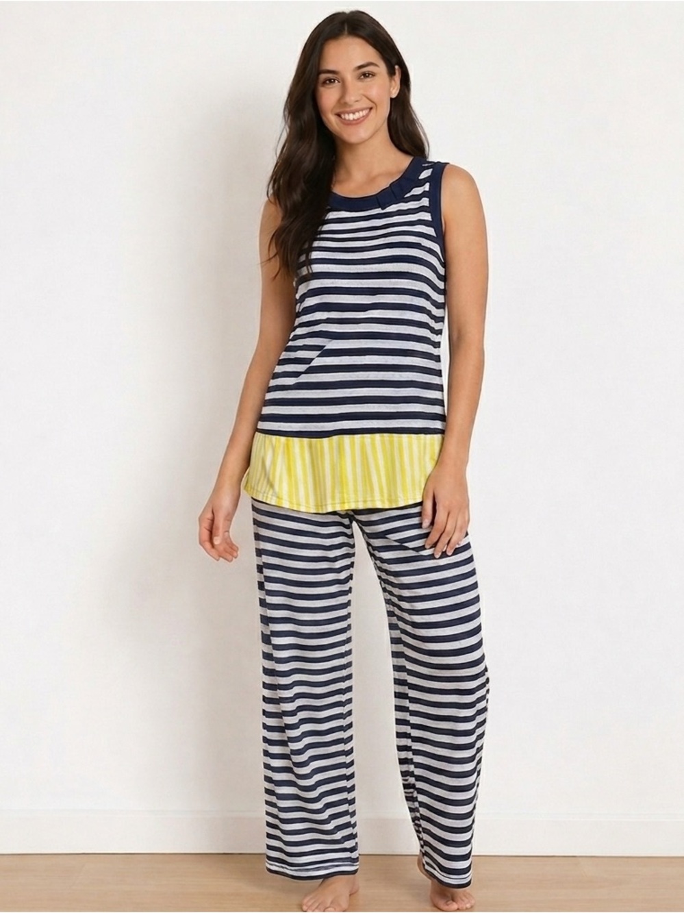 Kate Spade Cotton Dream A Little Dream Navy Yellow Tank Pants Striped Pjs Set S